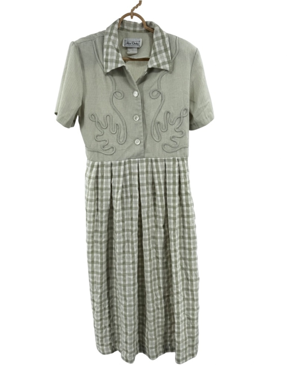 Miss Dorby Light Sage Textured Gingham Midi Dress 10 vintage piping traditional